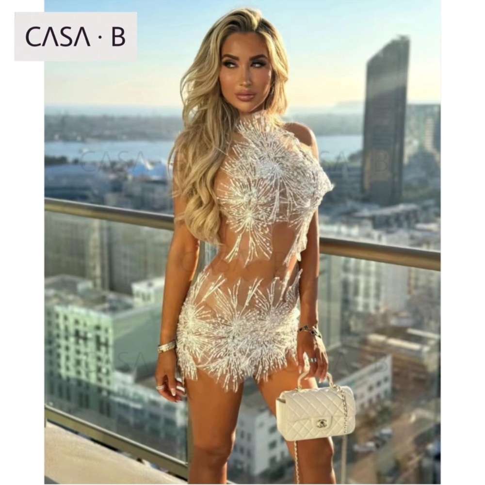 SOON💫to CASA B | The Estelle Rhinestone Pearl Mesh Mini Dress